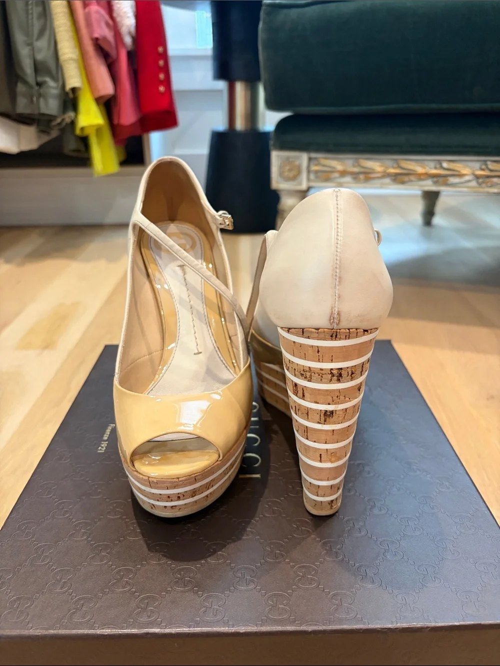 Gucci Yellow Patent Leather Peep-Toe Platform Heels with Ankle Strap
